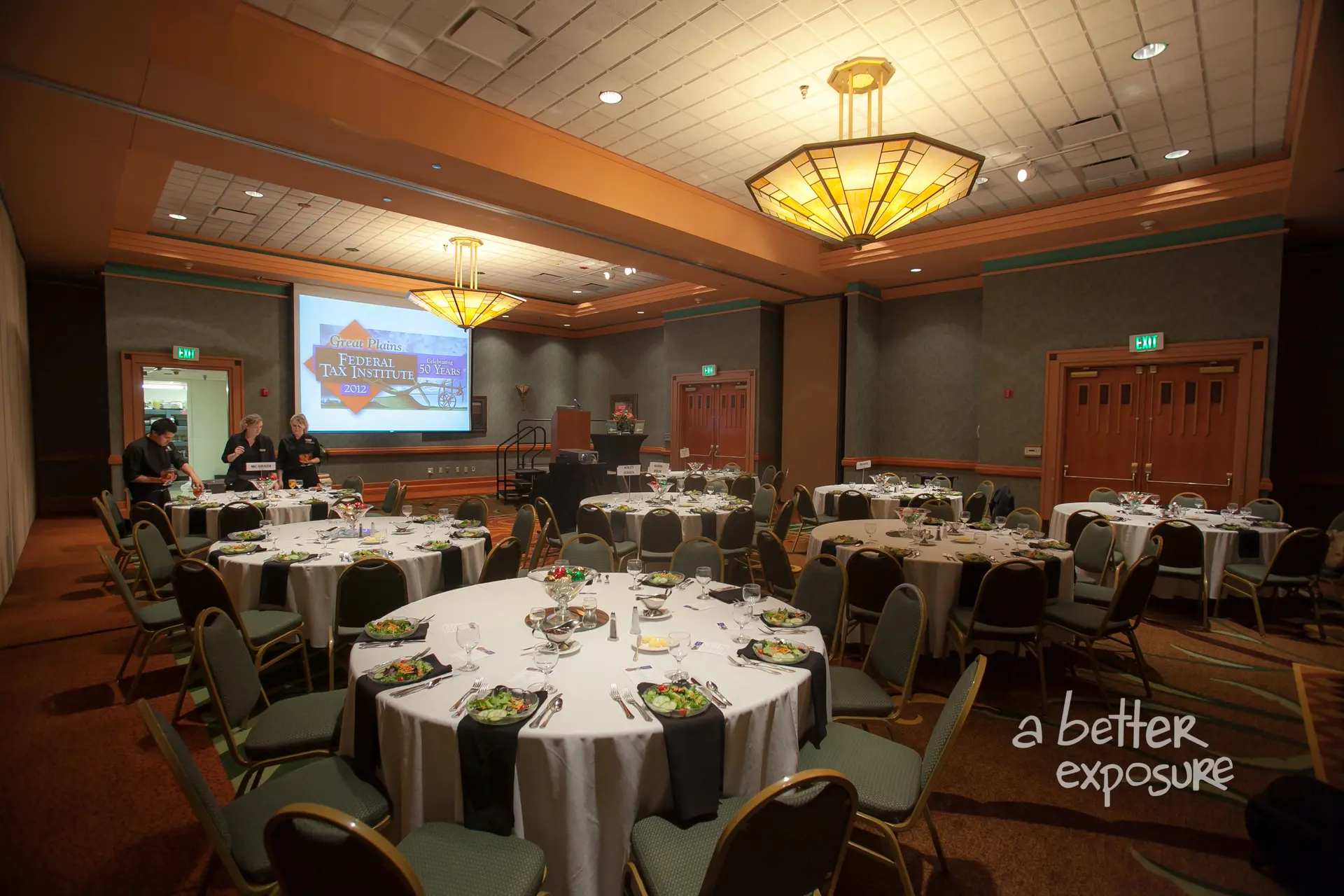 The banquet is set for 50th Anniversary Dinner guests at Embassy Suites - Omaha on November 29, 2012